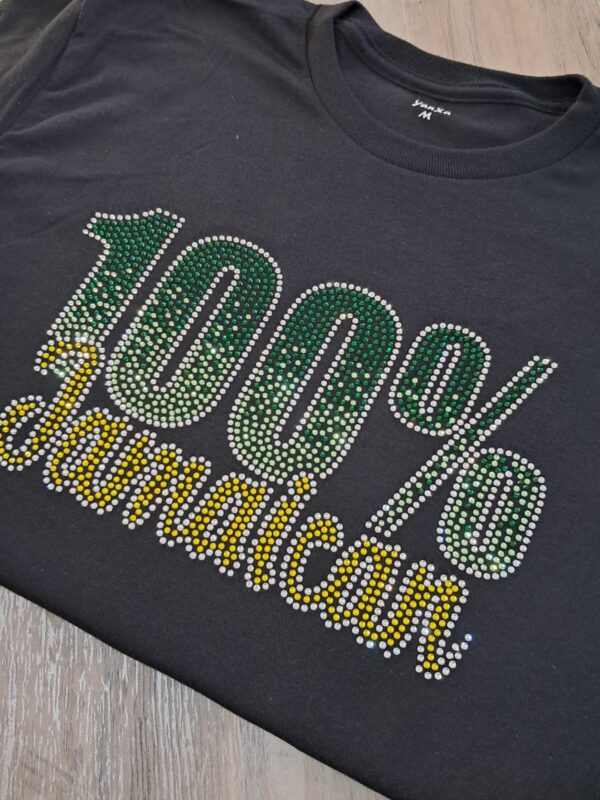 100% jamaican rhinestone tshirt