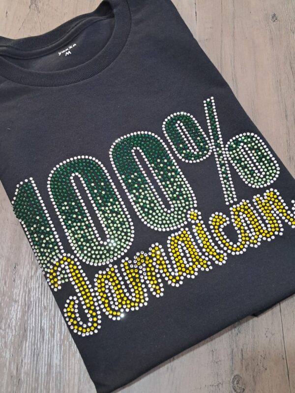 100% jamaican rhinestone tshirt