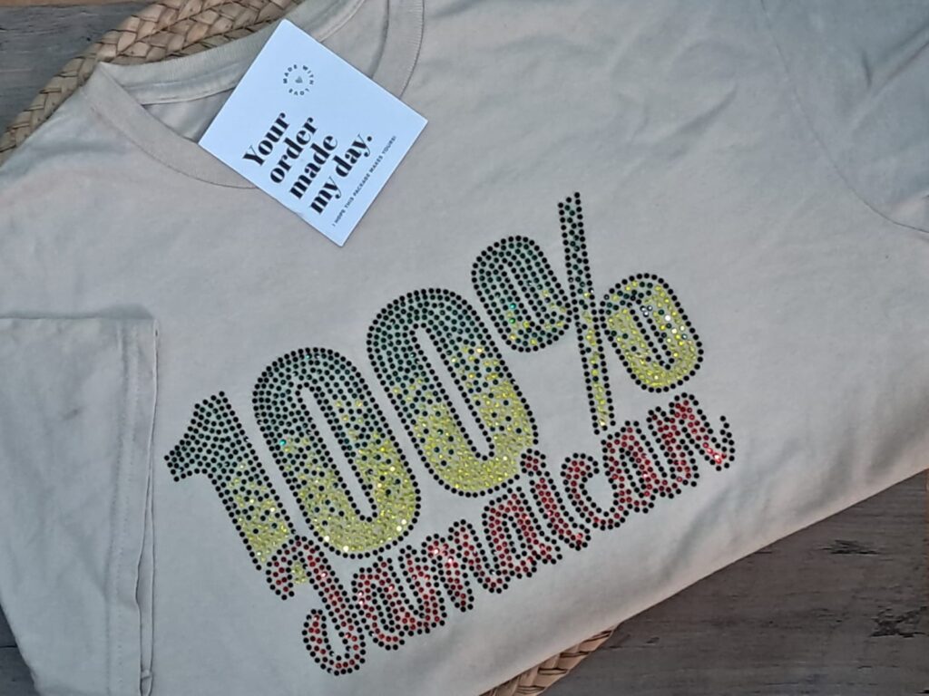 100% Jamaican Rhinestone Tshirt (Sand)